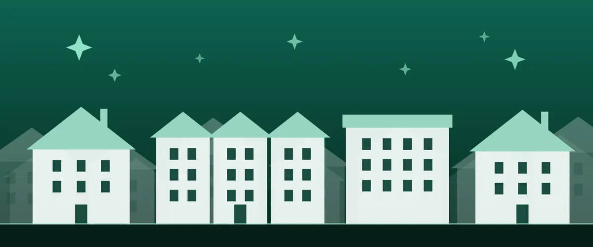 Illustration of a Fairfax, Virginia street: a colonial single-family home, a row of three attached townhouses and a low condo building, the housing types our maid cleaning service covers